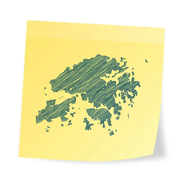 Vector illustration of Hong Kong map on sticky note with scribble effect