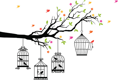 freedom, tree branch with birds and open birdcage, vector illustration