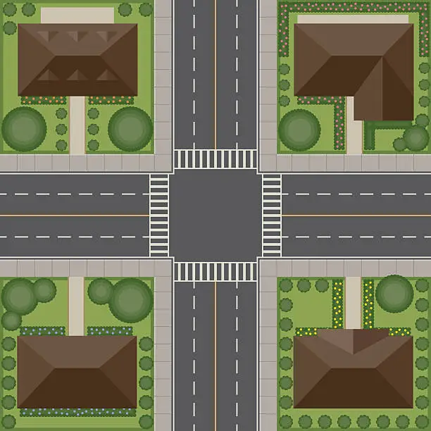 Vector illustration of Overhead Perspective View of a Residential Traffic Intersection