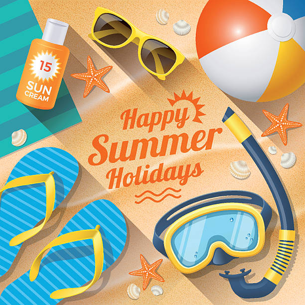 Summer Holidays with beach summer accessories Summer Holidays with beach summer accessories. starfish sunglasses stock illustrations