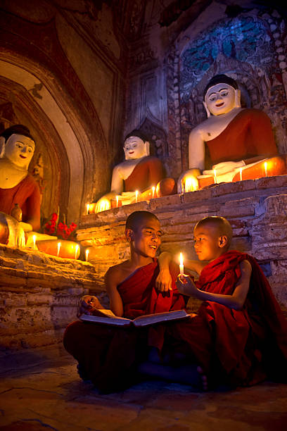 молодой буддийские монахи - buddhism monk book zen like стоковые фото и изображения