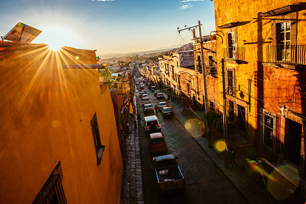 Over head view of the streets of San Miguel de Allende at sunset, Mexico.