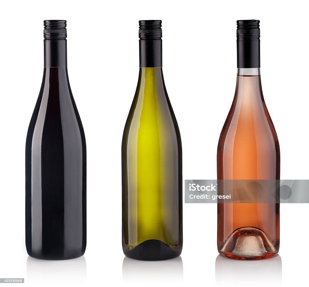 Set of Bottles isolated on white background Set of white, rose, and red wine bottles. isolated on white background Wine Bottle Stock Photo