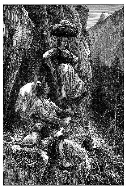 istock Antique illustration of Switzerland: people on ladders in Albinen 521221798