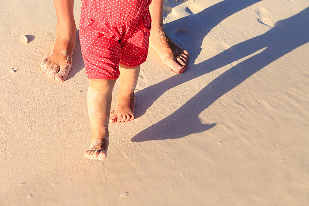 istock Mother and baby feet walking on sand beach 521223324
