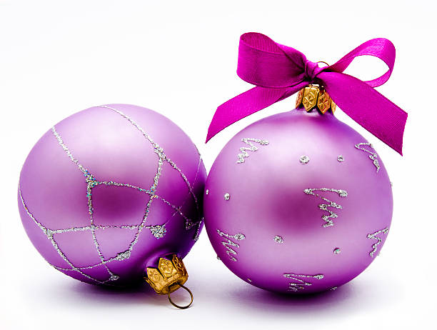 istock Two lilac christmas balls with ribbon isolated 521226713