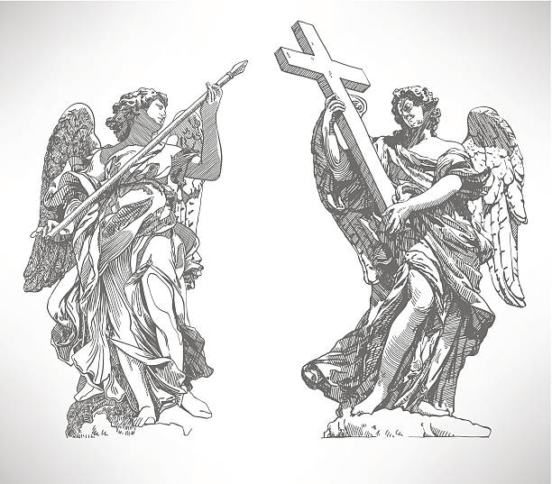 ilustraciones, imágenes clip art, dibujos animados e iconos de stock de dibujo digital de mármol estatua de dos de los ángeles - roman statue angel rome