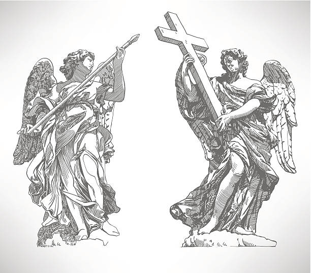 illustrazioni stock, clip art, cartoni animati e icone di tendenza di disegno digitale statua in marmo di due angeli - roman statue