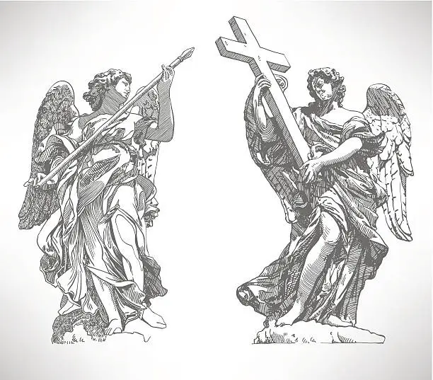 Vector illustration of digital drawing marble statue of two angels