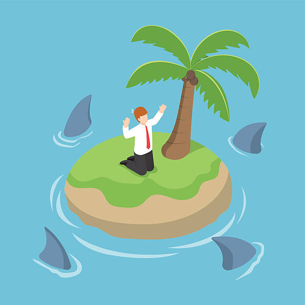 ilustrações de stock, clip art, desenhos animados e ícones de minibarra de ferramentas empresário cadeia em uma ilha rodeada por tubarão - stranded beached beach businessman