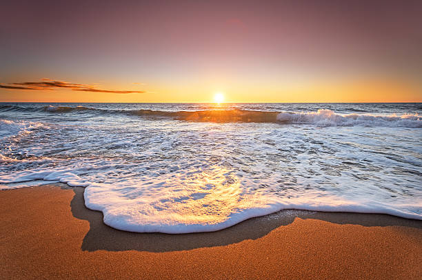 istock Colorful ocean beach sunrise with deep blue sky. 521228614