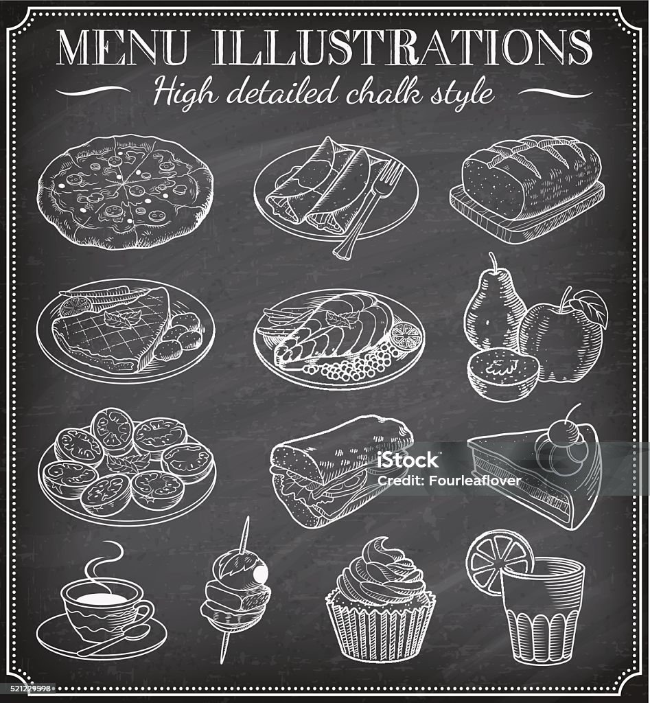 Vector Chalkboard Food Illustrations Vector Chalkboard Food Illustrations. Set of vector hand drawn illustrations on a dirty blackboard. Vector file is layered for ease of use Food stock vector