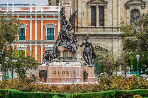 La Paz, Bolivia - August 31, 2014: The famous Plaza Murillo in central La Paz. Photo taken during the day and features the Gloria statue.