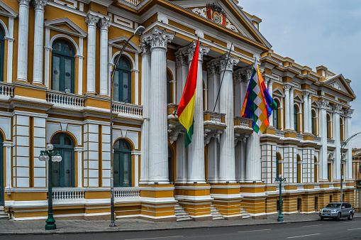 La Paz, Bolivia - August 31, 2014: The Government Palace in Plaza Murillo. Photo taken during the day and contains no people.