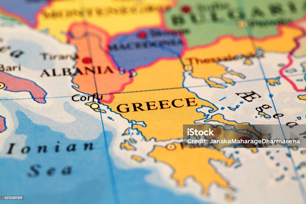 Greece On Map Greece  on atlas world map Capital Cities Stock Photo