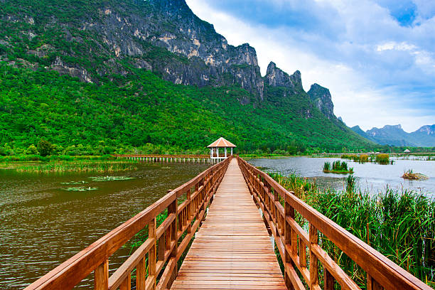 istock Wooden Bridge in lake under blue sky , Samroiyod national park, 521232137
