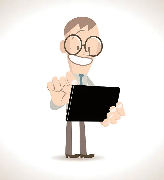 Vector illustration of Smiling businessman standing using an blank tablet PC (touch pad)