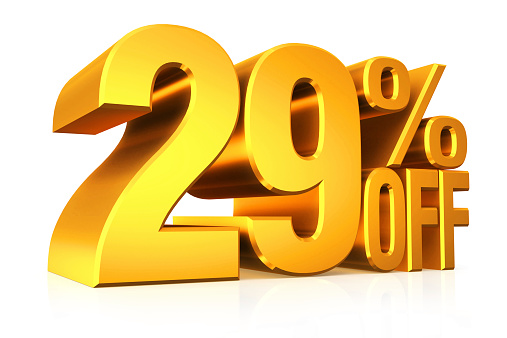 3D render gold text 29 percent off on white background with reflection.