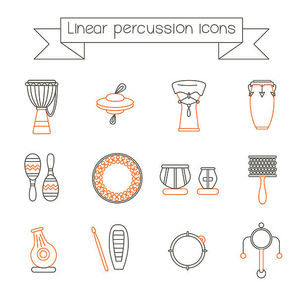 linear icons of ethnic drums orange Collection of traditional percussion instruments in black and orange colors. Linear icons set. guiro stock illustrations