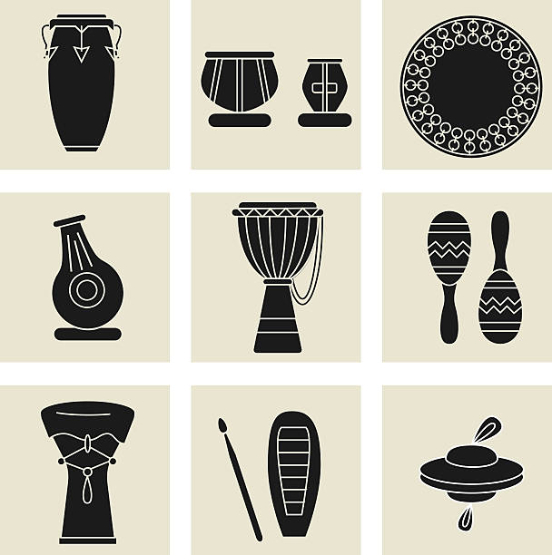 ethnic drums black icons Collection of nine percussion instruments. Black silhouettes of conga, indian tablas, daf drum, maracas, djembe, udu, guiro,cymbals and doumbek. guiro stock illustrations