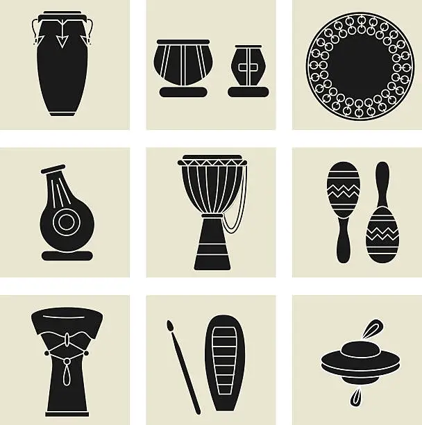 Vector illustration of ethnic drums black icons