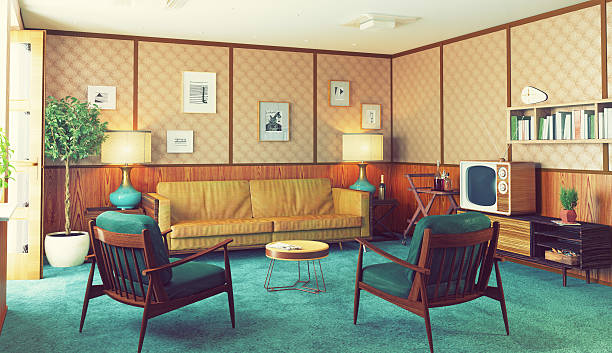 retro interior beautiful vintage interior.  3d rendering concept. Author's art used 1970s style stock pictures, royalty-free photos & images