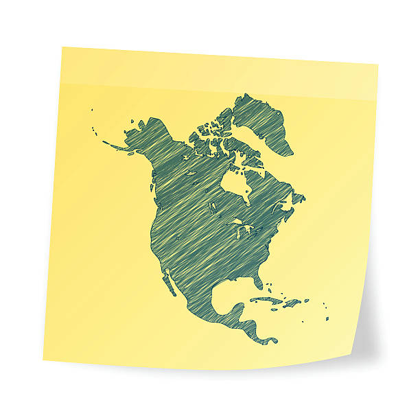 North America map on sticky note with scribble effect Map of North America scribbled on realistic yellow sticky note and isolated on white background. drawing of a jamaica map stock illustrations