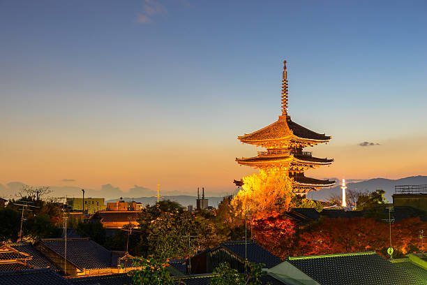 Yasaka Pagoda and Sannen Zaka Street in the evening stock photo