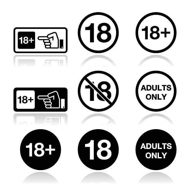 Under 18, adults only warning sign Attention - under eighteen forbidden icons set bar drink establishment illustrations stock illustrations