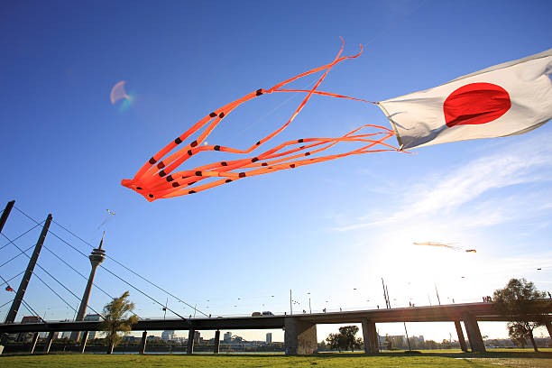 flying kite with Japanese flag in Dusseldorf stock photo