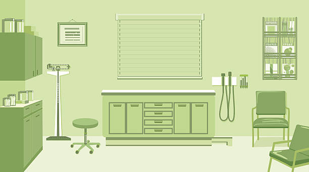 Doctors Office In Green Doctors Office In Green with an examining table in the center. The blinds are closed and all items are neatly arranged. A scale, cupboards, and a stool are to the left while chairs and magazines are on the right. The whole office is a green or white color. doctors office stock illustrations