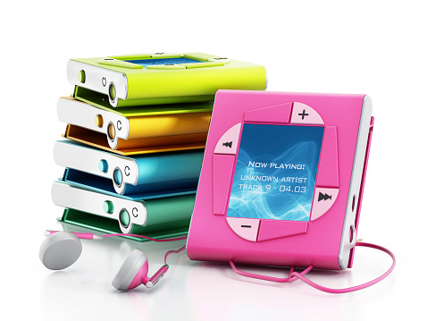 Colorful generic mp3 players stack isolated on white. Generic interface design.