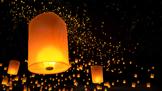 beautiful Lanterns flying in night sky