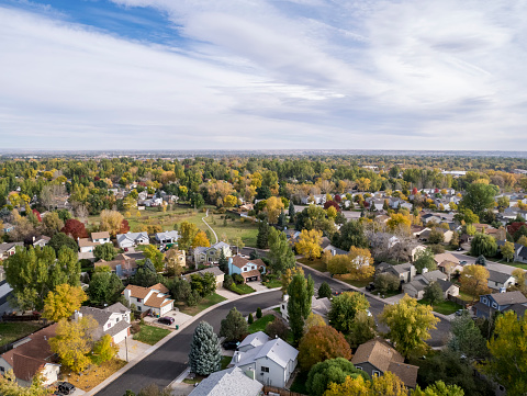 aerial view of Fort Collins residential area, typical along Colorado Front Range, fall colors scenery