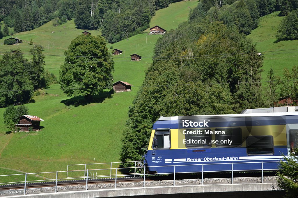 Swiss train Lauterbrunnen, Switzerland - August 20, 2013: train near Lauterbrunnen in the Swiss Alps, Switzerland. The Berner Oberland railway is a narrow gauge railway in the Swiss mountains. Bernese Oberland Stock Photo