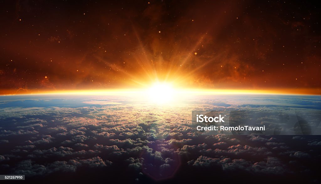 Sunset In Orbit View From Stratosphere - Photo taken from the airplane to 120000 meters Sun Stock Photo