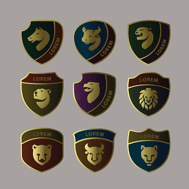 illustrazioni stock, clip art, cartoni animati e icone di tendenza di spalla motivo chevron - lion coat of arms shield backgrounds