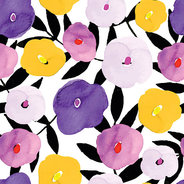 gładki wzór z ręcznie narysowane akwarela kwiaty - tulip single flower flower yellow stock illustrations