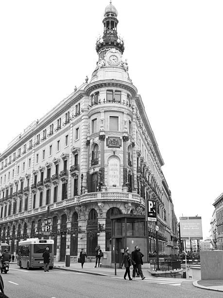 Madrid, Spain - February 22, 2013: Historic Metropolis Building and the Gran Via is a Madrid's landmark celebrated it's 100 years.