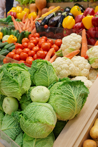 Vegetables and groceries on market display