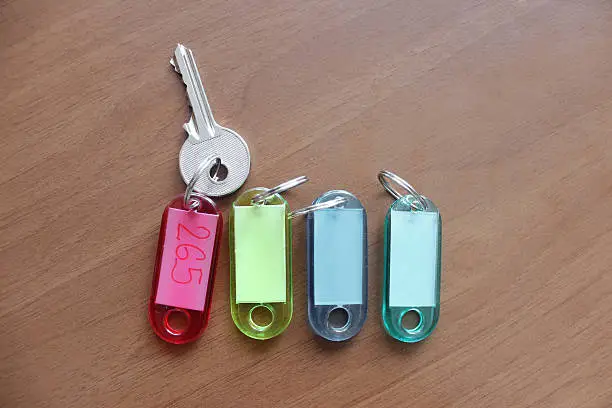 Close up on  four colorful keyholders on a office desk with copy space and number 265