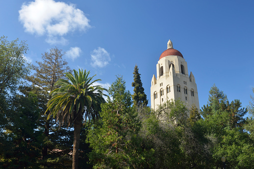 Stanford, USA - September 27, 2014. Hoover Tower in the campus of Stanford University. Stanford University is a world famous private research and teaching university located in Stanford, California. It was founded in 1885 in a suburban setting.