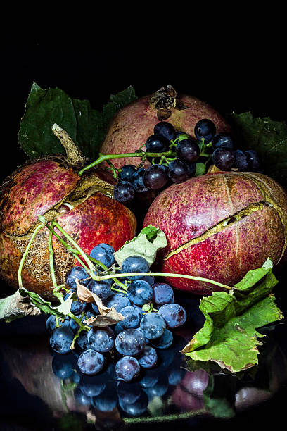 istock Pomegranate and wild grapes on a black background 521268943