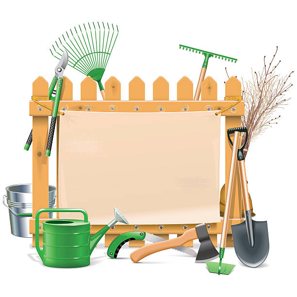 Vector Garden Board Vector Garden board with watering can, shovel, pruner, rake, axe, hoe, tree and other garden equipments, around the wooden fence, isolated on white background palisade boundary stock illustrations