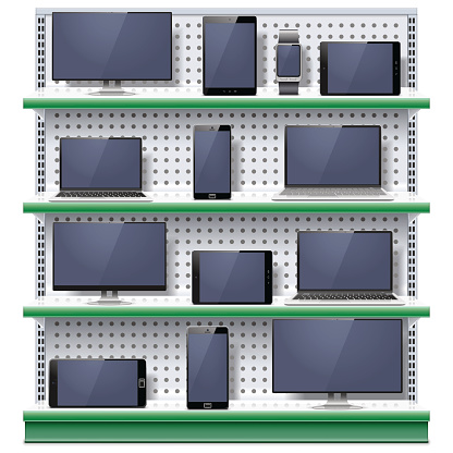 Vector supermarket shelves with Modern Electronic Devices isolated on white background