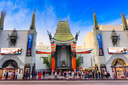 Los Angeles, CA, USA - March 1, 2016: Tourists at Grauman's Chinese Theater on Hollywood Boulevard. The theater has hosted numerous premieres and events since it opened in 1927.