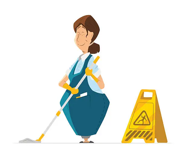 Vector illustration of Vector character cleaner lady janitor woman in uniform cleaning