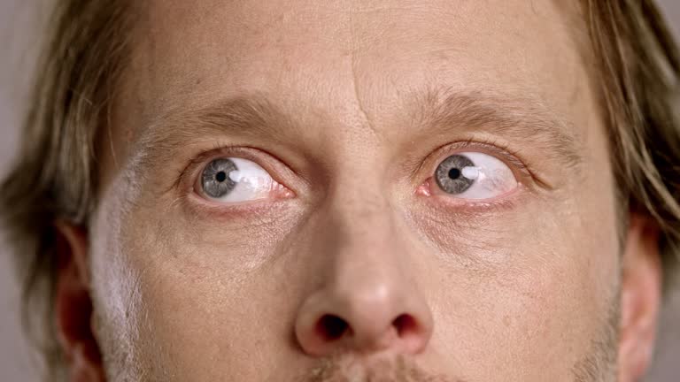 Eyes of a scared Caucasian man looking around