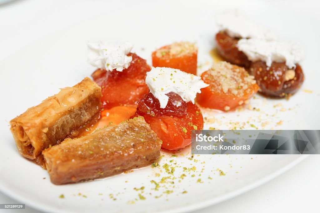 Dessert on plate, close-up Dessert on plate in a restaurant, Turkish delight Arrangement Stock Photo