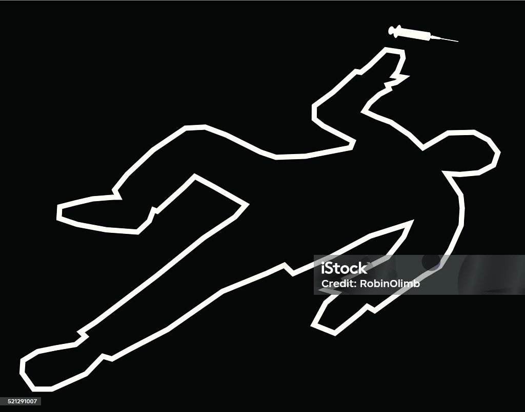 Body Outline Drug Overdose Vector illustration of a tape outline of a dead body with a syringe next to it's hand against a black background. Chalk Outline stock vector